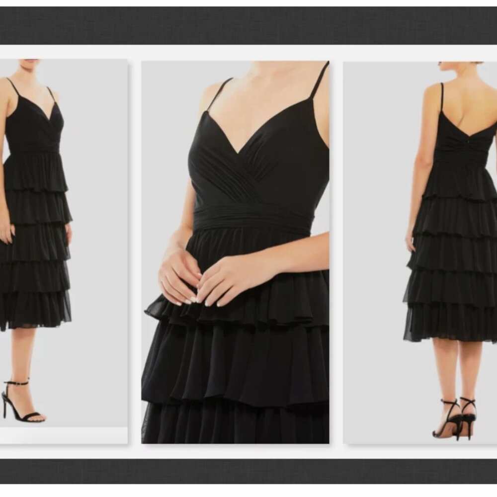 NWT Mac Duggal Black Ruffle Layered V-Neck Midi Dress Size 2